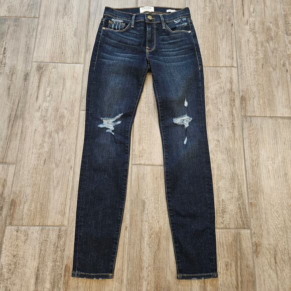 Frame Jeans Womens Size 24 Le Skinny De Jeanne Dark Wash Distressed Ankle Crop - Picture 1 of 12